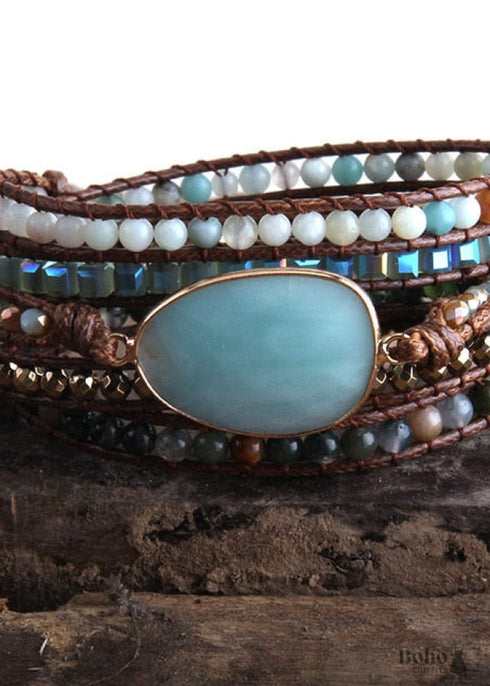 Boho Bracelet, RH 5 Layers Leather Wrap Bracelet, Crystal and Natural Stones